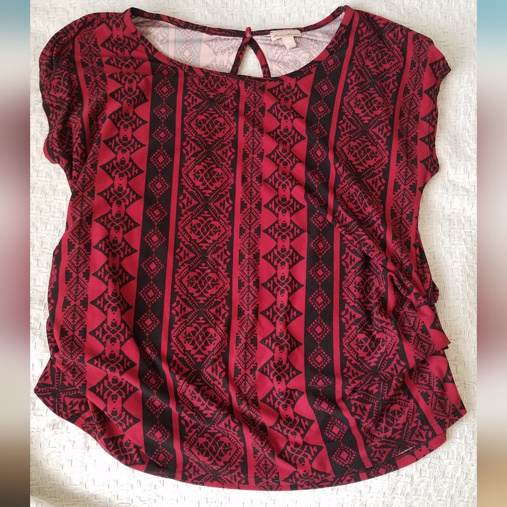 Fashion Magazine Red & Black Geo Striped Design Blouse Size L
